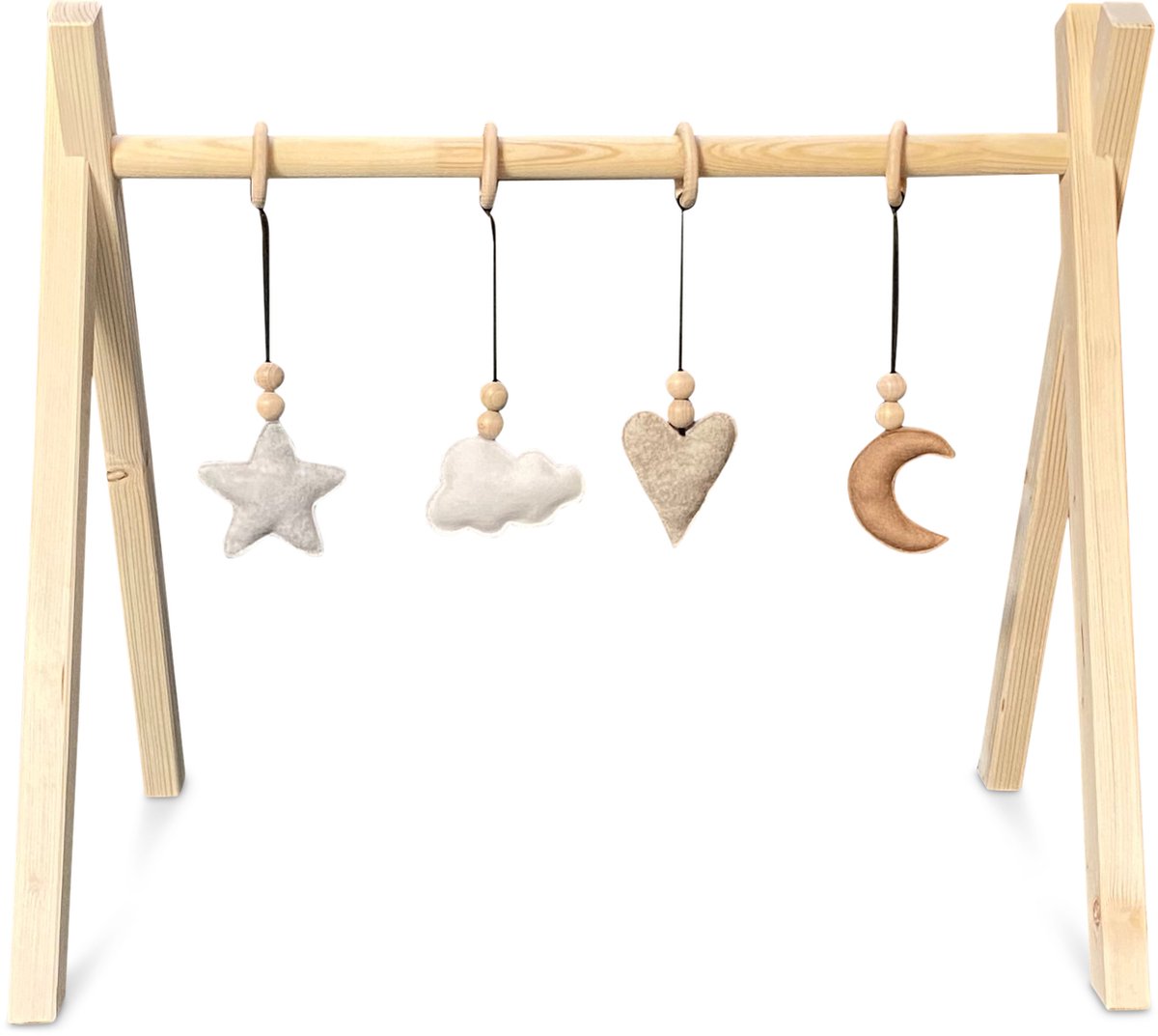 Toddie - Blank houten babygym, met naturel vilthangers | Tipi vorm massief hout